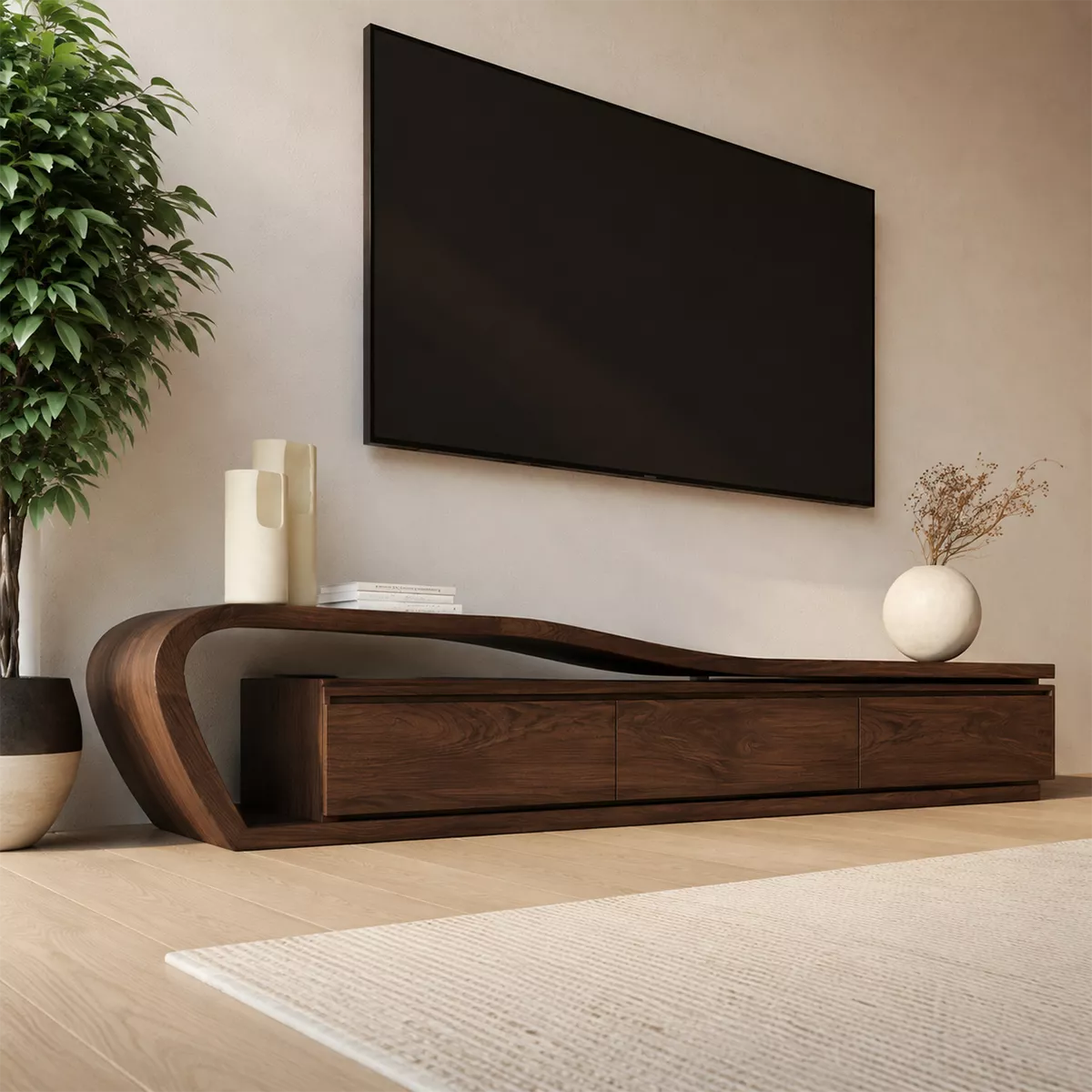 Asymmetrical Solid Wood TV Stand With Curved Open Side Frame And Hidden Drawer Storage For Living Room