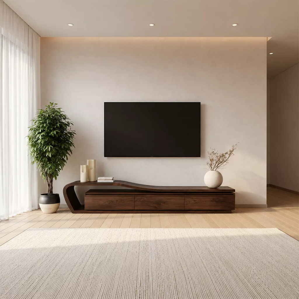Asymmetrical Solid Wood TV Stand With Curved Open Side Frame And Hidden Drawer Storage For Living Room