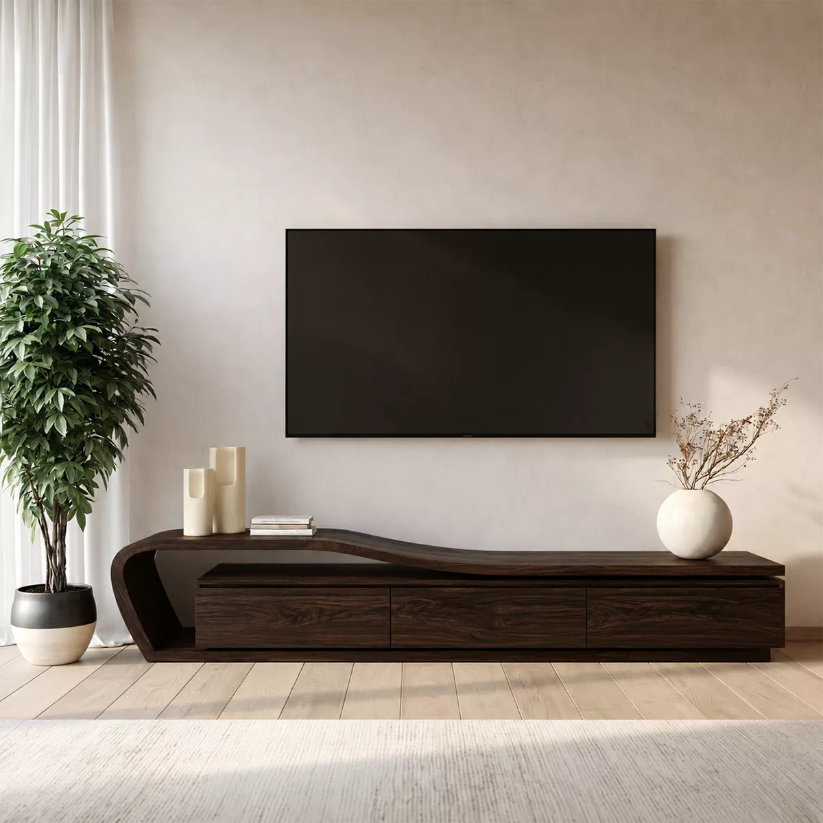 Asymmetrical Solid Wood TV Stand With Curved Open Side Frame And Hidden Drawer Storage For Living Room