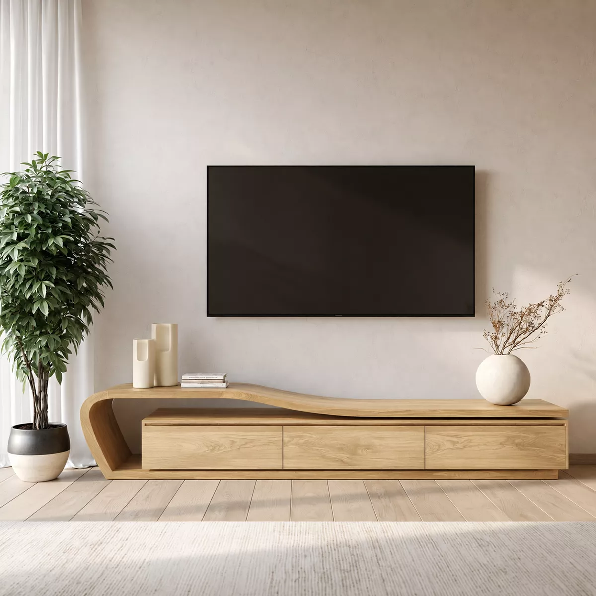 Asymmetrical Solid Wood TV Stand With Curved Open Side Frame And Hidden Drawer Storage For Living Room