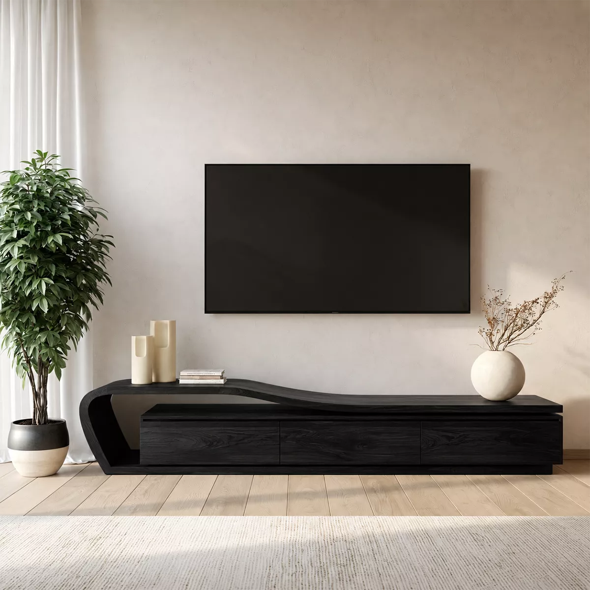Asymmetrical Solid Wood TV Stand With Curved Open Side Frame And Hidden Drawer Storage For Living Room