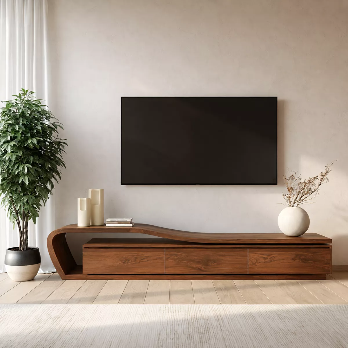 Asymmetrical Solid Wood TV Stand With Curved Open Side Frame And Hidden Drawer Storage For Living Room