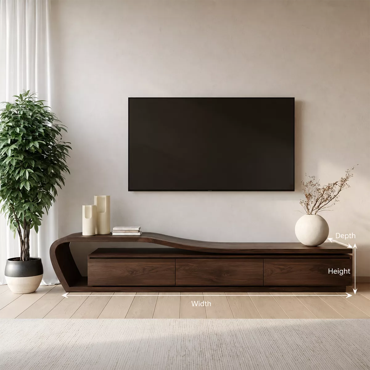 Asymmetrical Solid Wood TV Stand With Curved Open Side Frame And Hidden Drawer Storage For Living Room