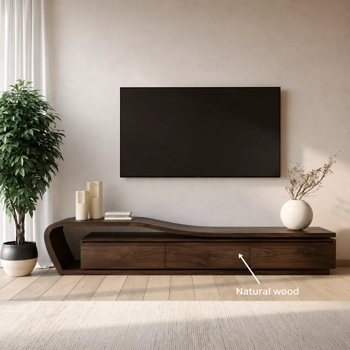 Asymmetrical Solid Wood TV Stand With Curved Open Side Frame And Hidden Drawer Storage For Living Room