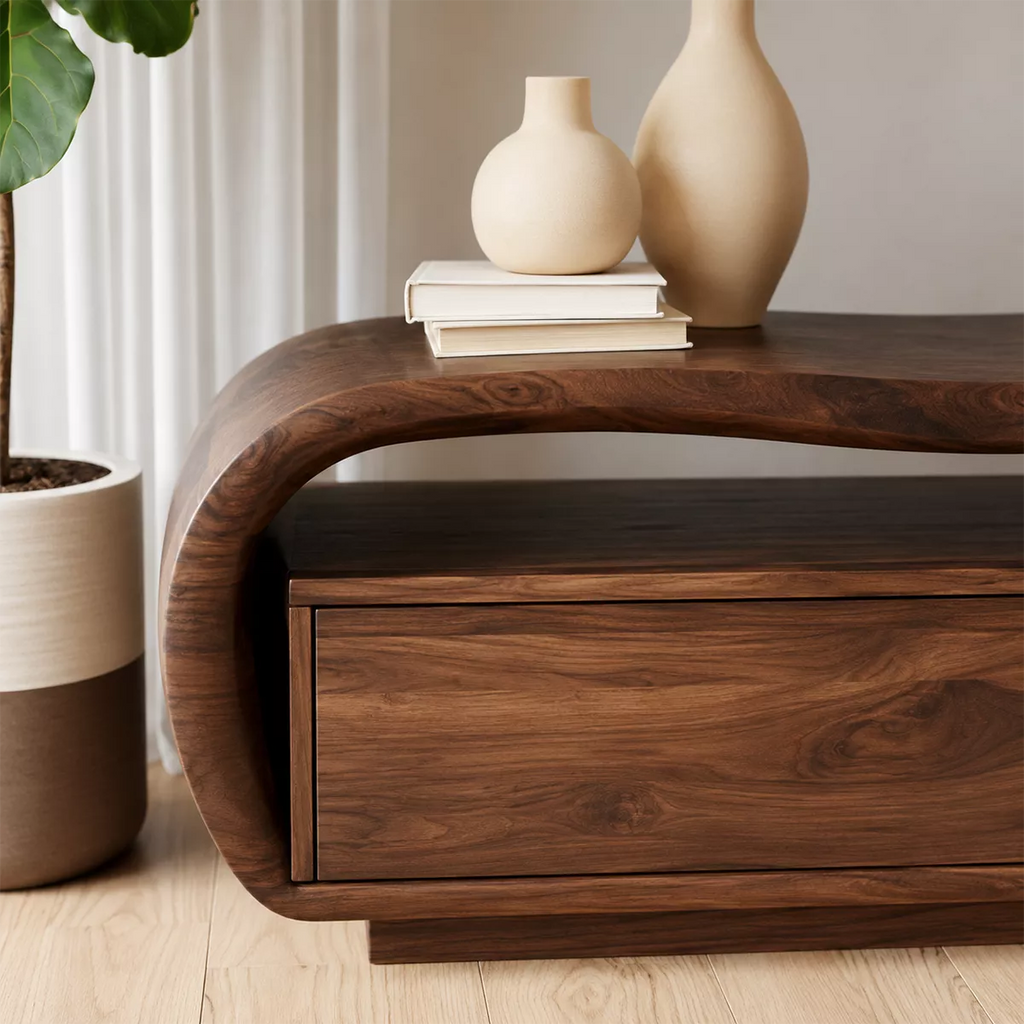 Wave Top Solid Wood TV Stand With Curved Side Frame And Hidden Drawer Storage For Living Room