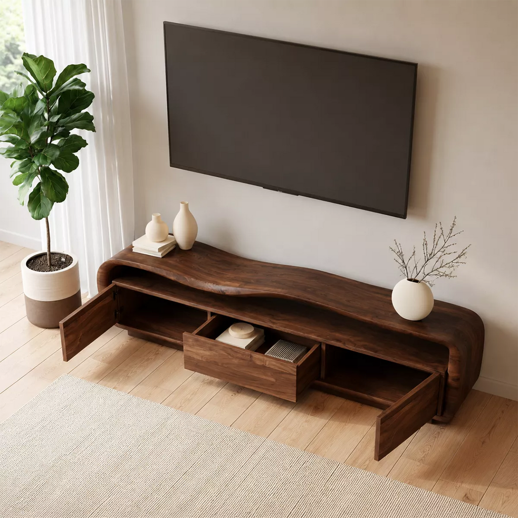 Wave Top Solid Wood TV Stand With Curved Side Frame And Hidden Drawer Storage For Living Room