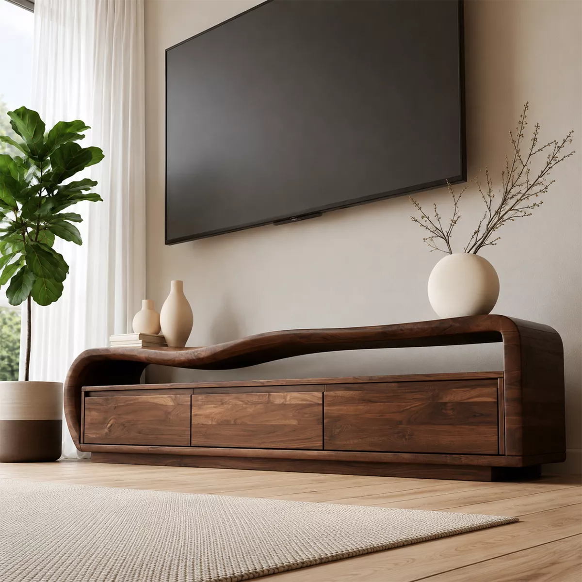 Wave Top Solid Wood TV Stand With Curved Side Frame And Hidden Drawer Storage For Living Room