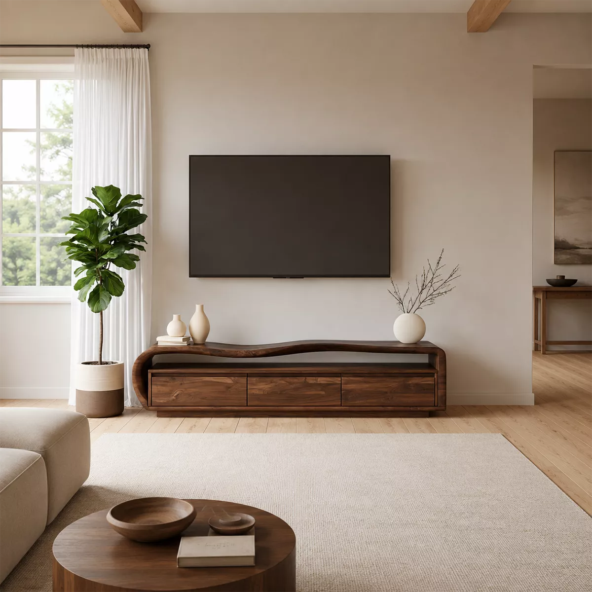 Wave Top Solid Wood TV Stand With Curved Side Frame And Hidden Drawer Storage For Living Room