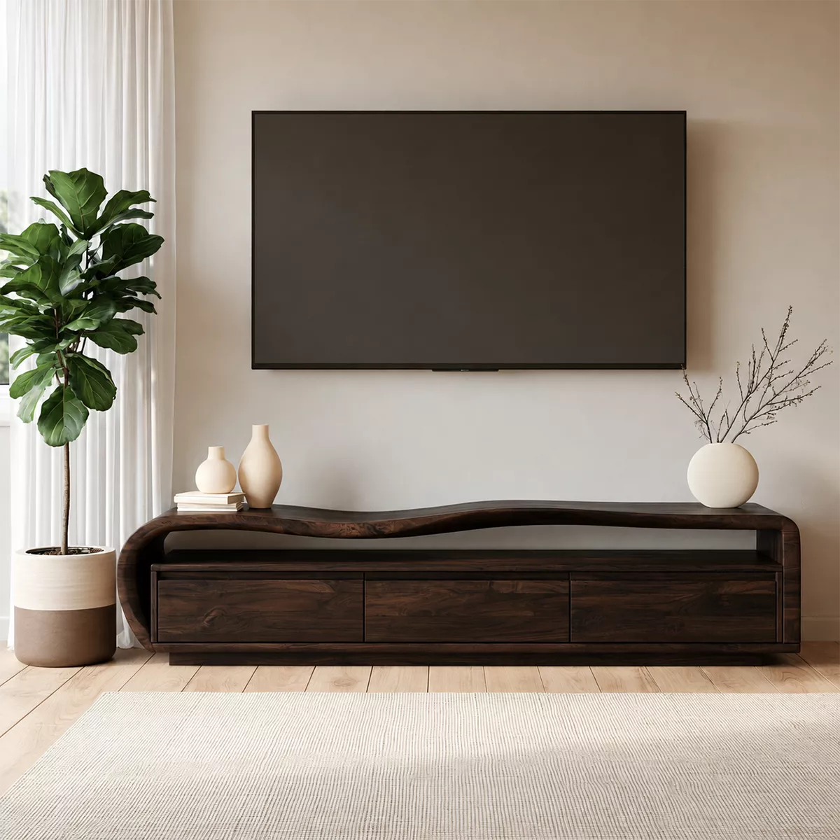 Wave Top Solid Wood TV Stand With Curved Side Frame And Hidden Drawer Storage For Living Room