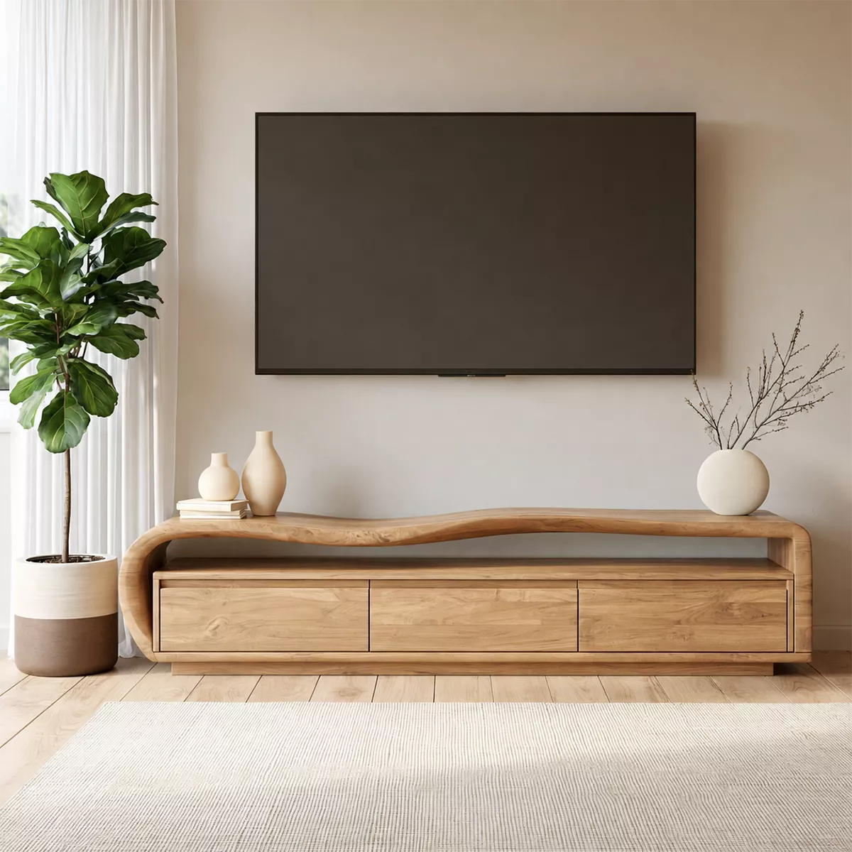 Wave Top Solid Wood TV Stand With Curved Side Frame And Hidden Drawer Storage For Living Room