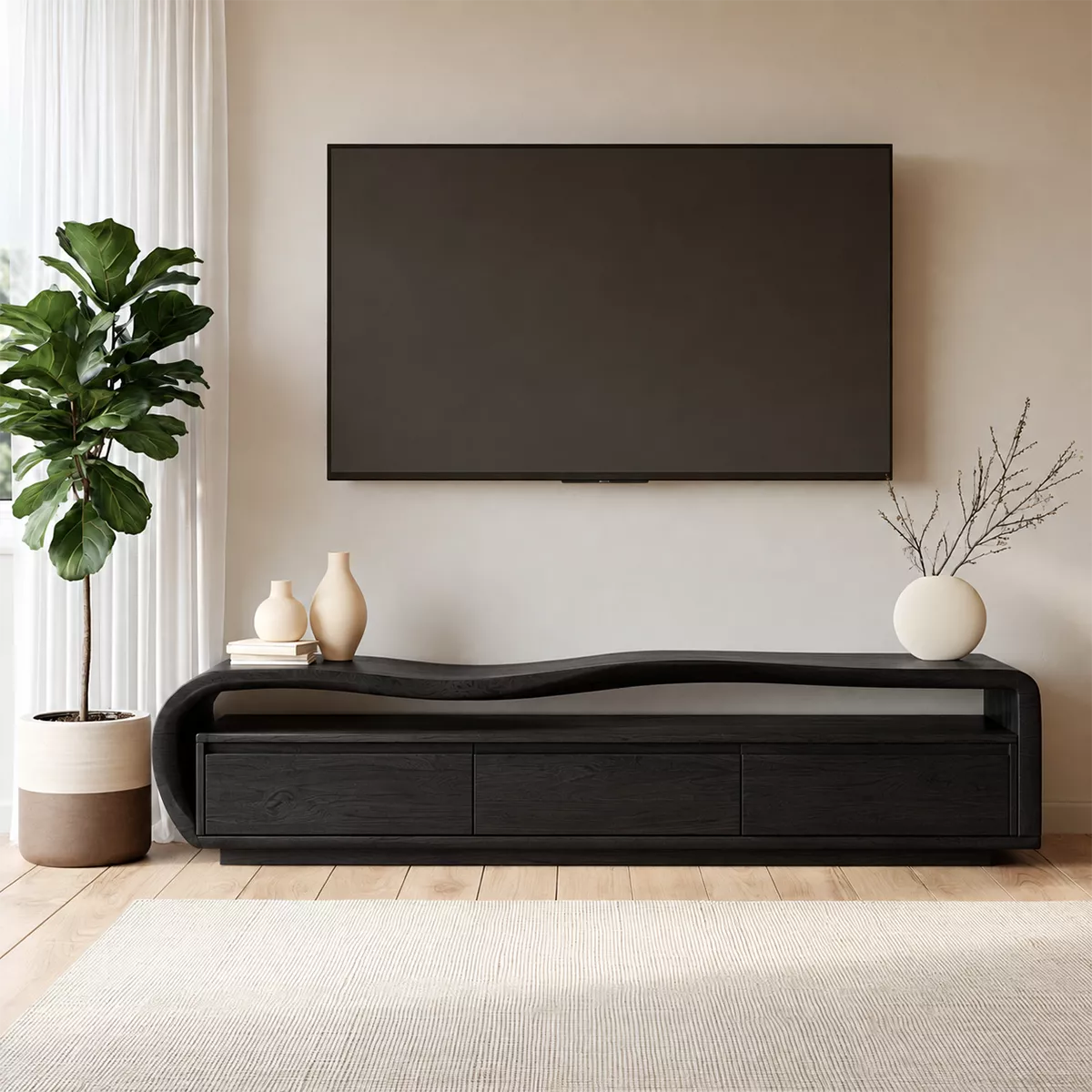 Wave Top Solid Wood TV Stand With Curved Side Frame And Hidden Drawer Storage For Living Room