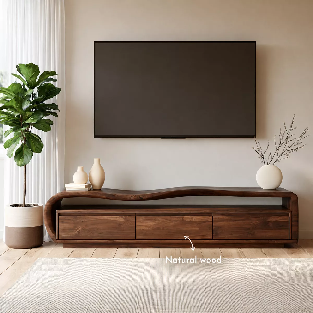 Wave Top Solid Wood TV Stand With Curved Side Frame And Hidden Drawer Storage For Living Room