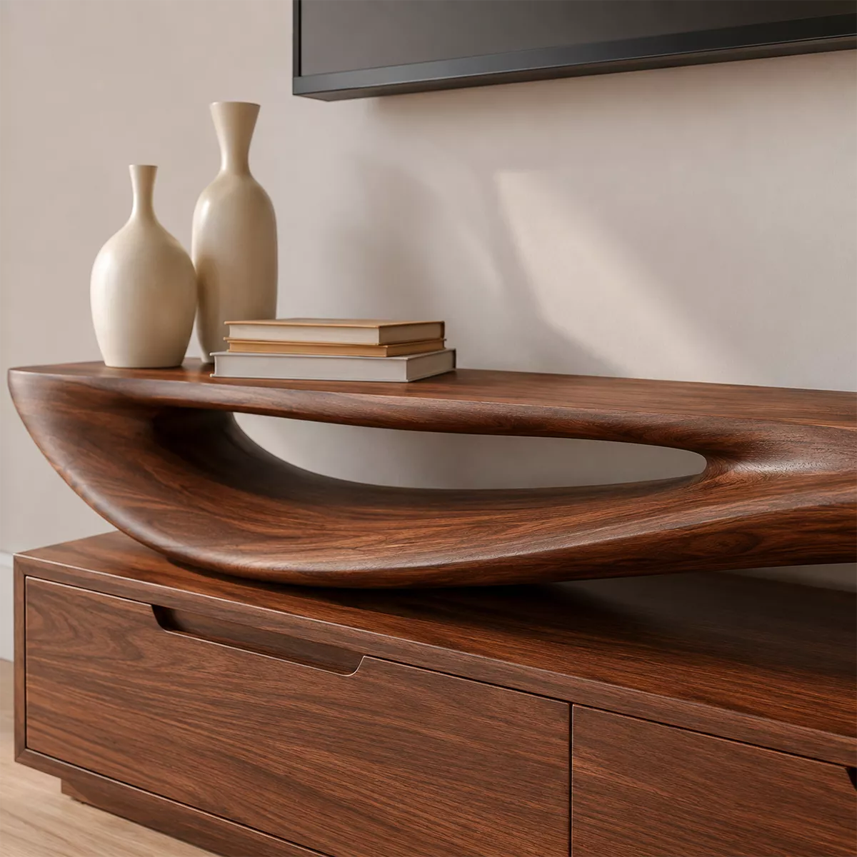 Sculptural Wave Solid Wood TV Stand With Open Display Shelf And Hidden Drawer Storage For Living Room