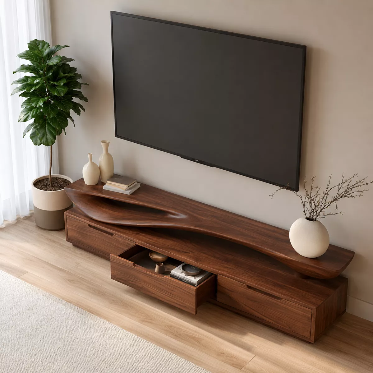 Sculptural Wave Solid Wood TV Stand With Open Display Shelf And Hidden Drawer Storage For Living Room