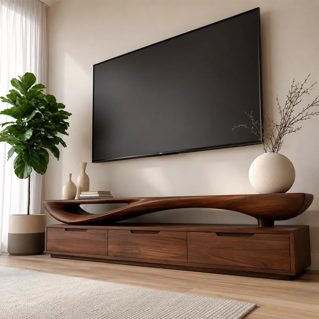 Sculptural Wave Solid Wood TV Stand With Open Display Shelf And Hidden Drawer Storage For Living Room