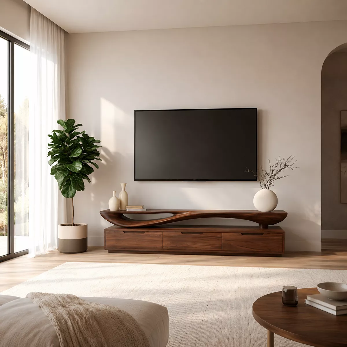 Sculptural Wave Solid Wood TV Stand With Open Display Shelf And Hidden Drawer Storage For Living Room