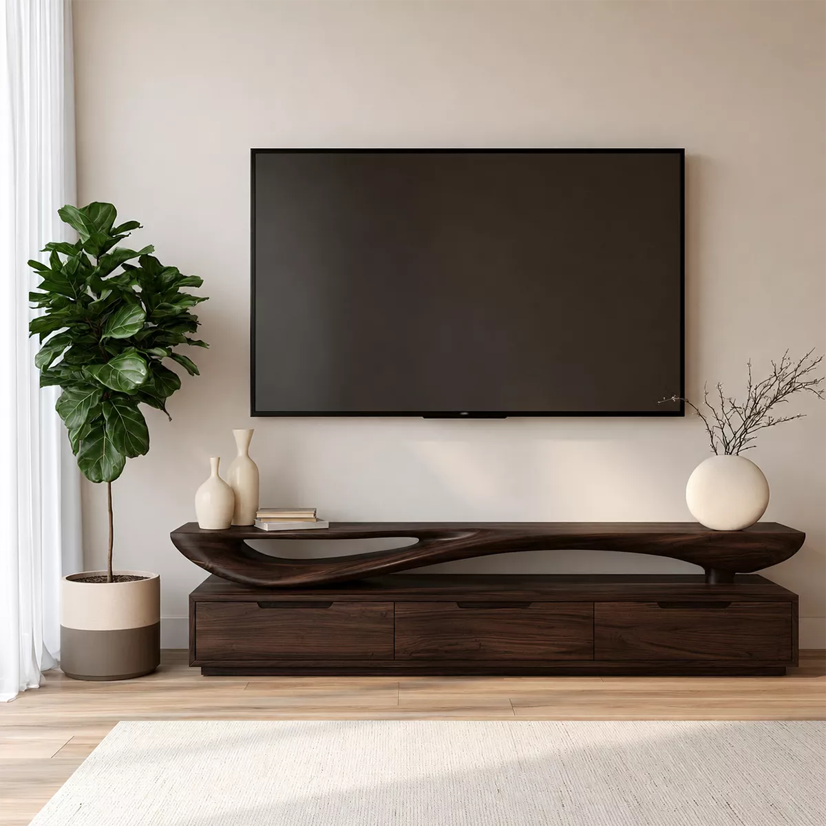Sculptural Wave Solid Wood TV Stand With Open Display Shelf And Hidden Drawer Storage For Living Room