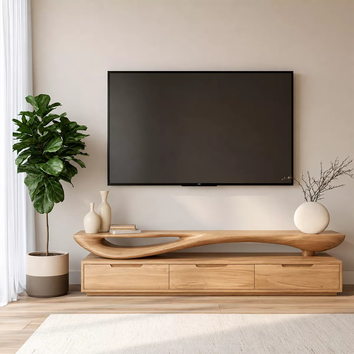 Sculptural Wave Solid Wood TV Stand With Open Display Shelf And Hidden Drawer Storage For Living Room