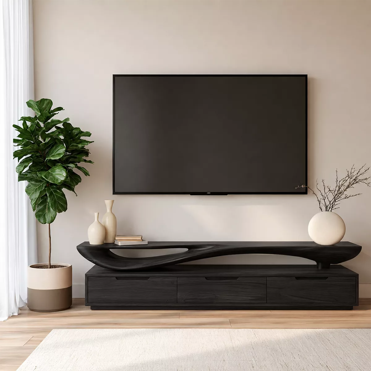 Sculptural Wave Solid Wood TV Stand With Open Display Shelf And Hidden Drawer Storage For Living Room