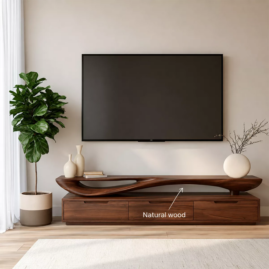 Sculptural Wave Solid Wood TV Stand With Open Display Shelf And Hidden Drawer Storage For Living Room