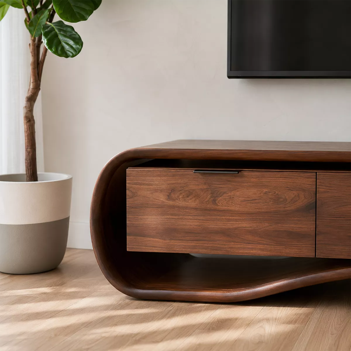 Rounded Walnut Wood TV Stand With Curved Base And Hidden Drawer Storage For Living Room