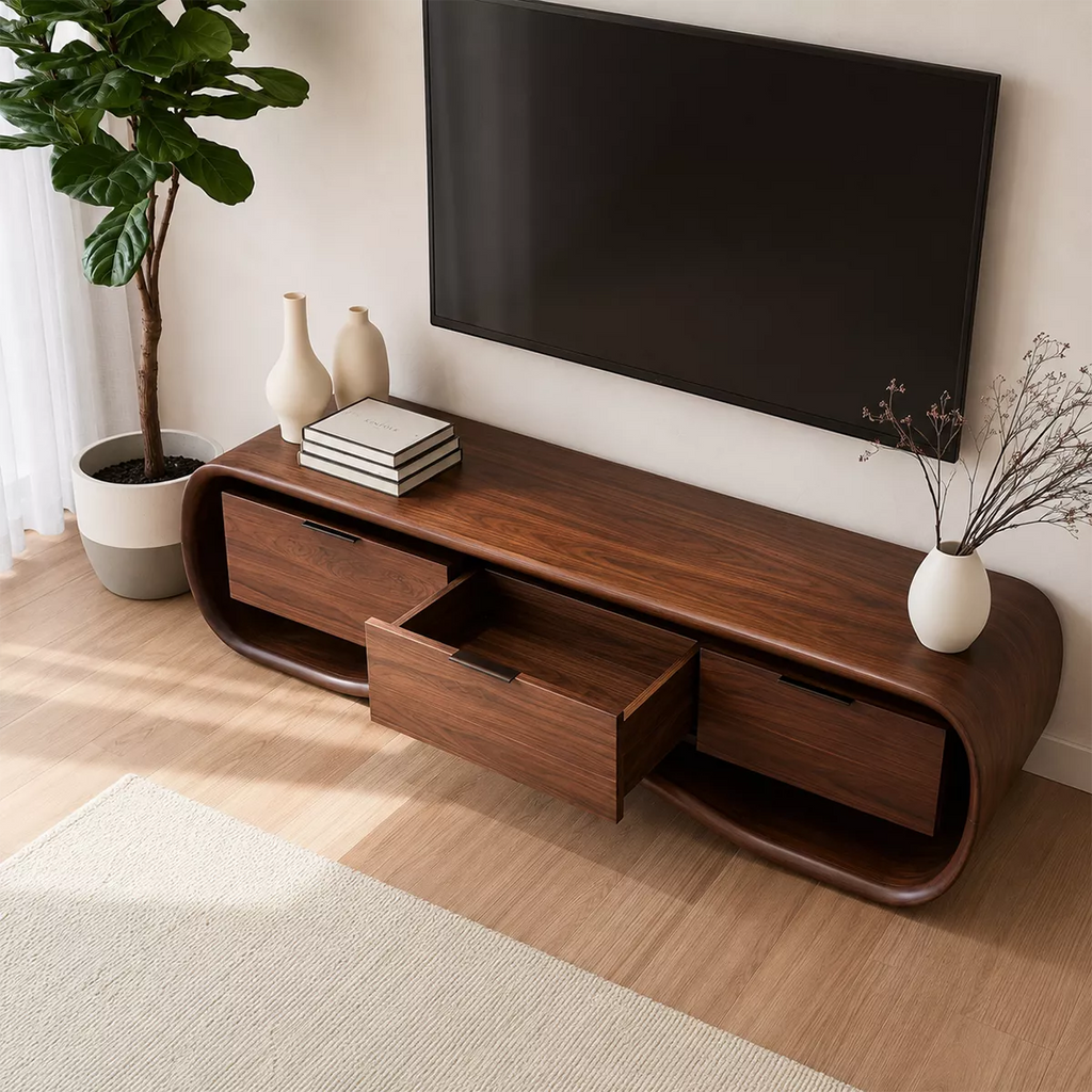Rounded Walnut Wood TV Stand With Curved Base And Hidden Drawer Storage For Living Room