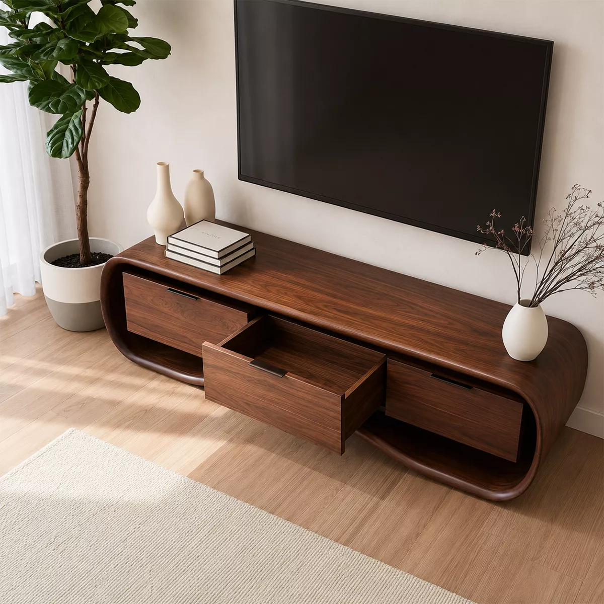 Rounded Walnut Wood TV Stand With Curved Base And Hidden Drawer Storage For Living Room