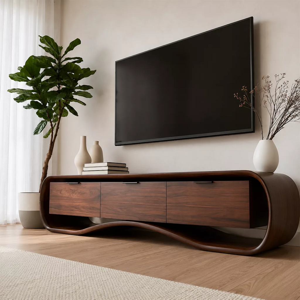 Rounded Walnut Wood TV Stand With Curved Base And Hidden Drawer Storage For Living Room