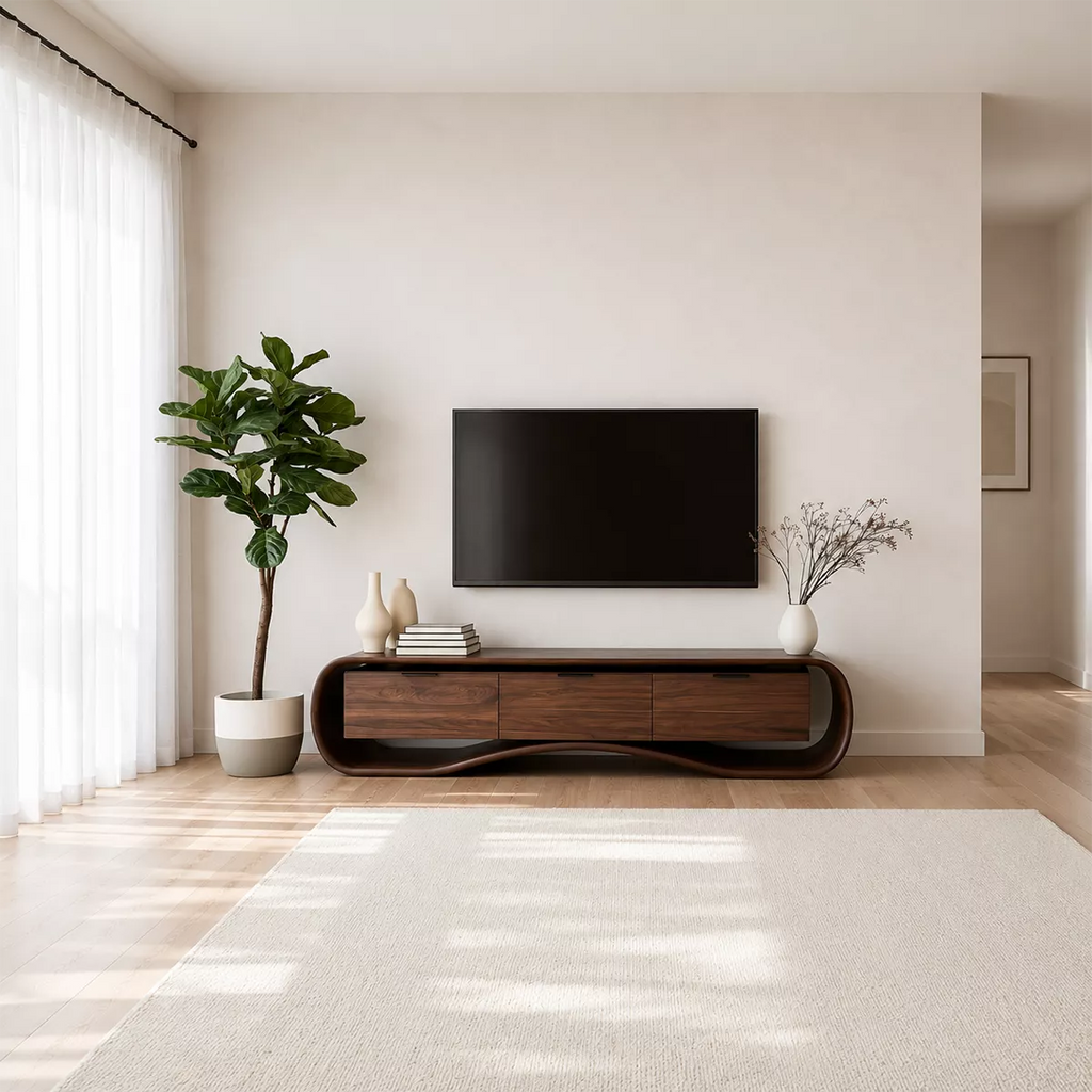 Rounded Walnut Wood TV Stand With Curved Base And Hidden Drawer Storage For Living Room