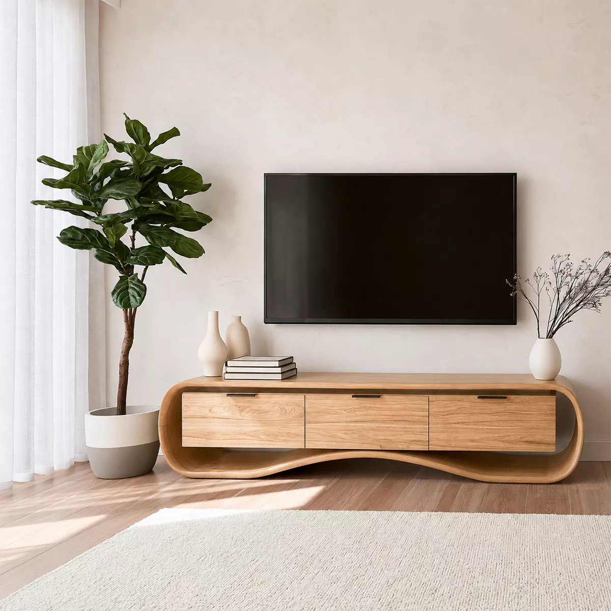Rounded Walnut Wood TV Stand With Curved Base And Hidden Drawer Storage For Living Room