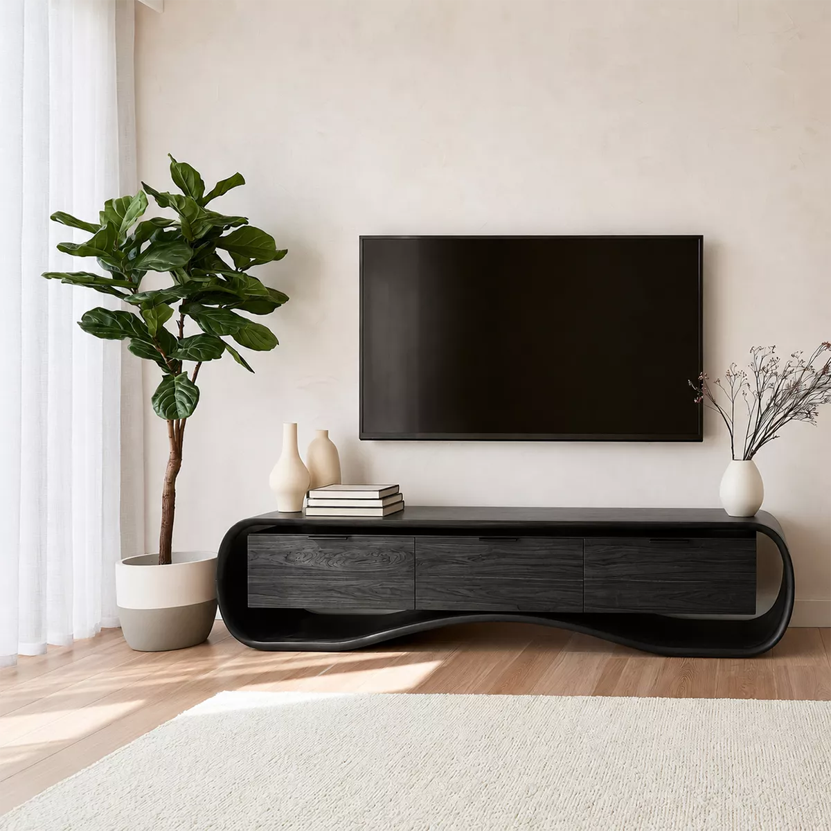 Rounded Walnut Wood TV Stand With Curved Base And Hidden Drawer Storage For Living Room