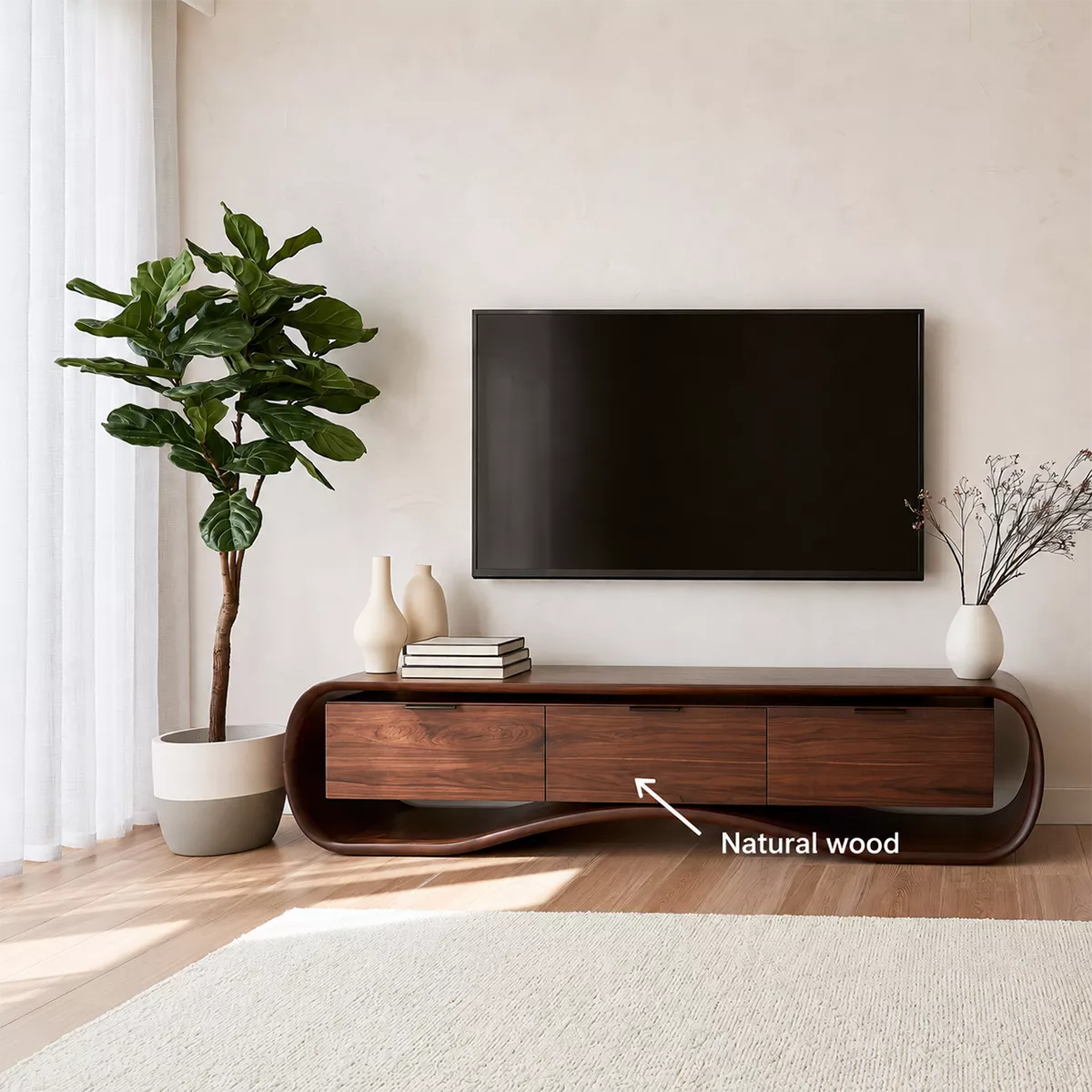 Rounded Walnut Wood TV Stand With Curved Base And Hidden Drawer Storage For Living Room
