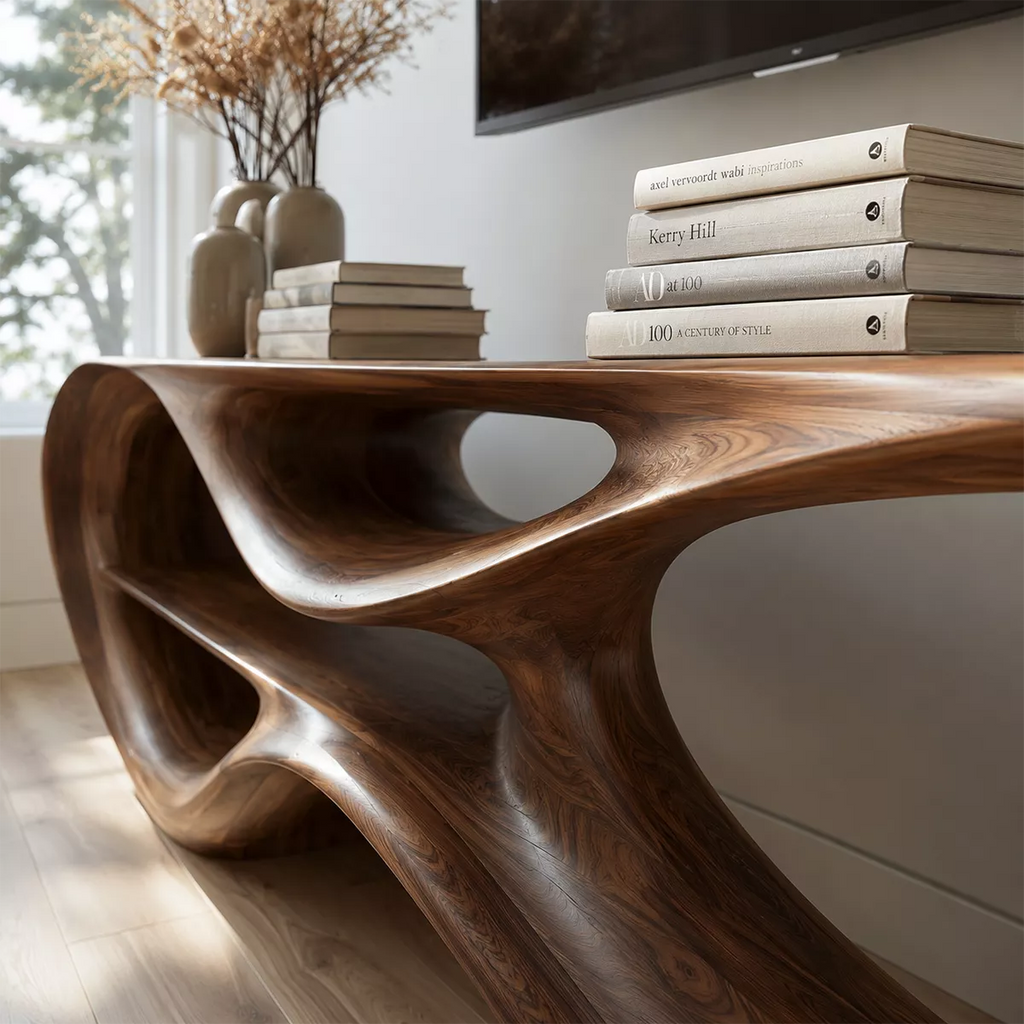 Sculptural Solid Wood TV Stand With Organic Open Frame And Natural Wood Grain For Living Room