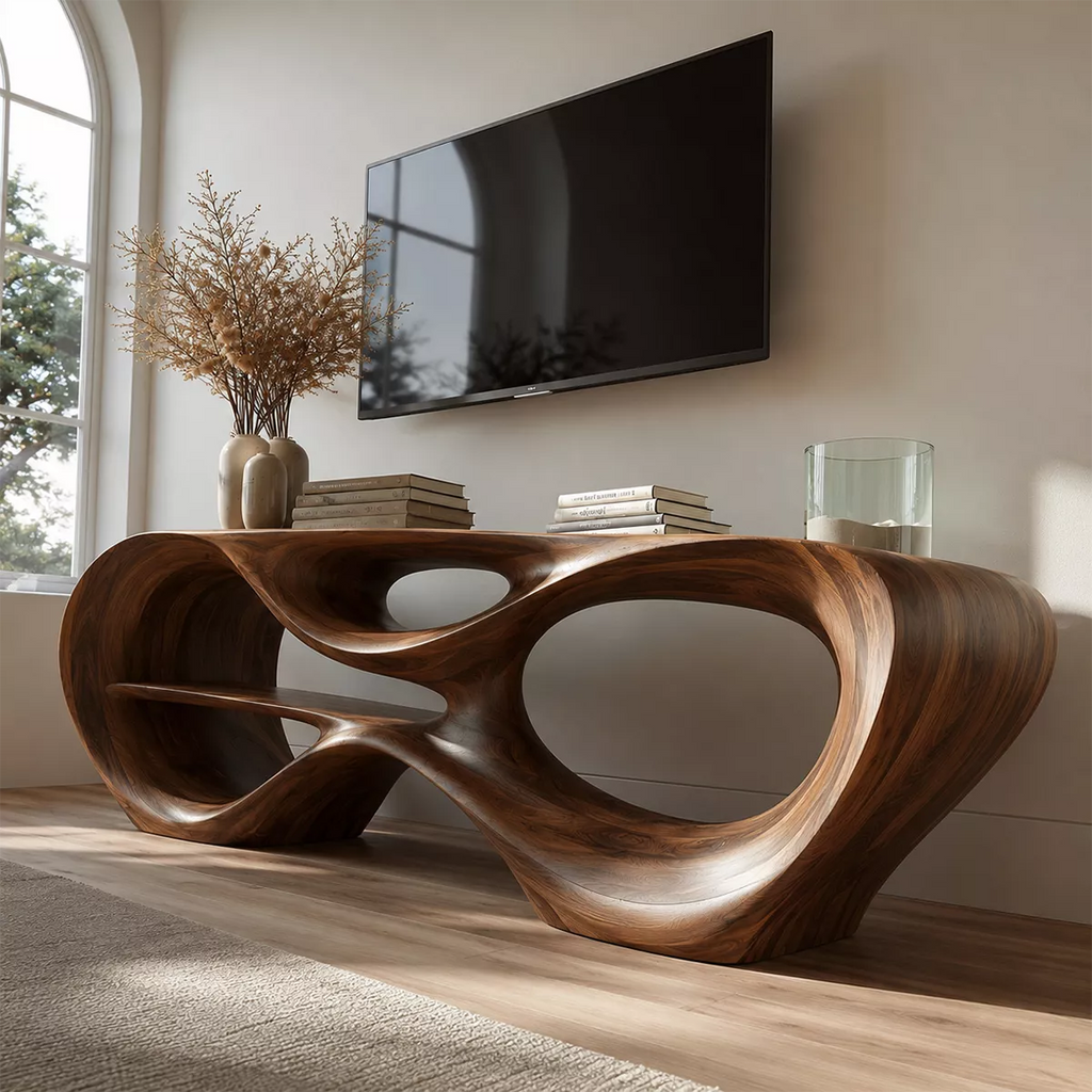 Sculptural Solid Wood TV Stand With Organic Open Frame And Natural Wood Grain For Living Room