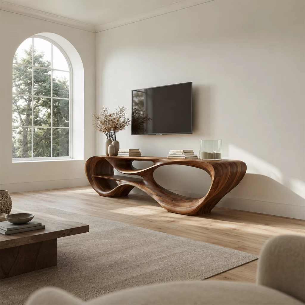 Sculptural Solid Wood TV Stand With Organic Open Frame And Natural Wood Grain For Living Room