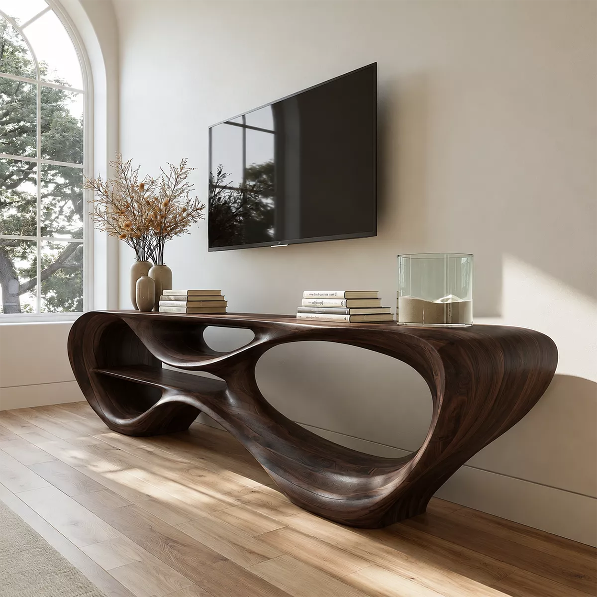 Sculptural Solid Wood TV Stand With Organic Open Frame And Natural Wood Grain For Living Room