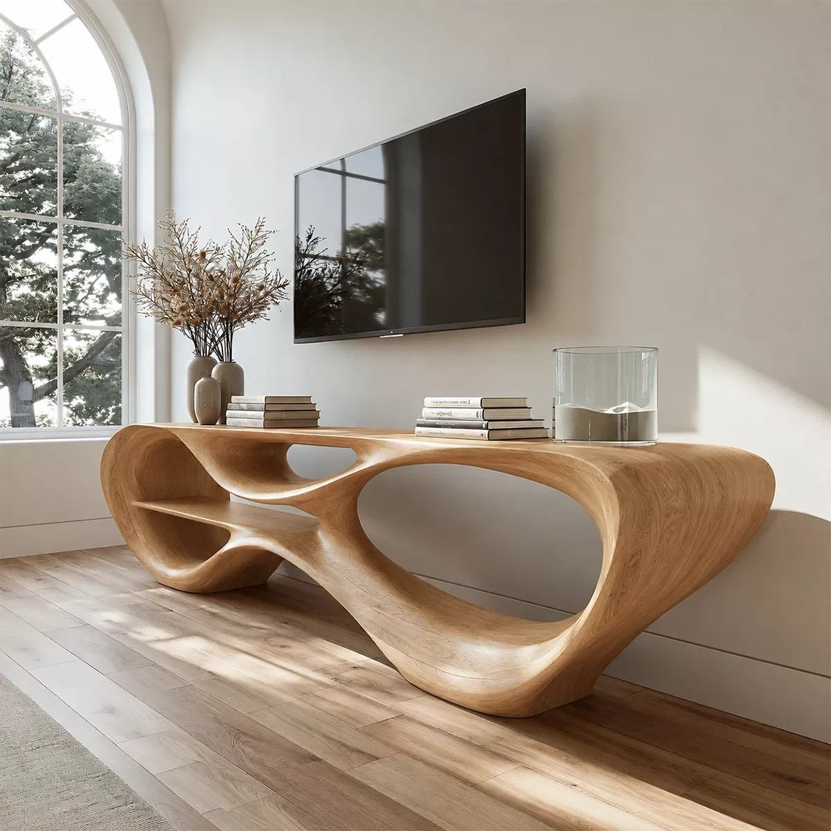 Sculptural Solid Wood TV Stand With Organic Open Frame And Natural Wood Grain For Living Room