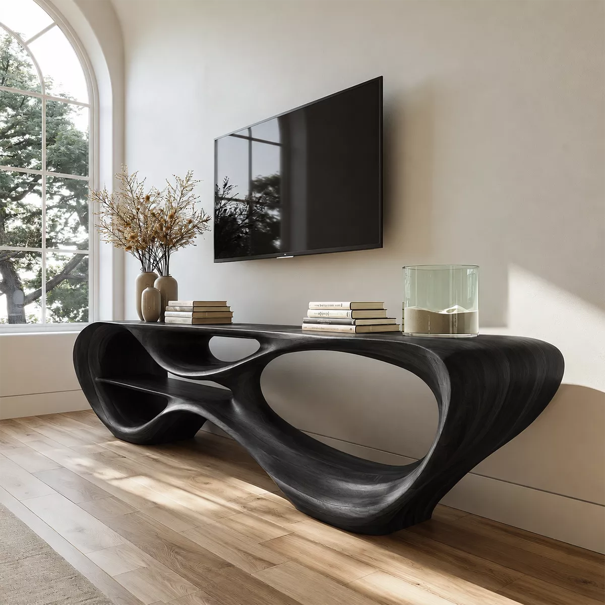 Sculptural Solid Wood TV Stand With Organic Open Frame And Natural Wood Grain For Living Room