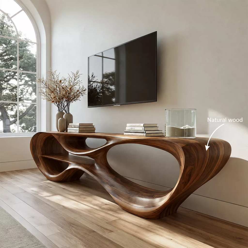 Sculptural Solid Wood TV Stand With Organic Open Frame And Natural Wood Grain For Living Room