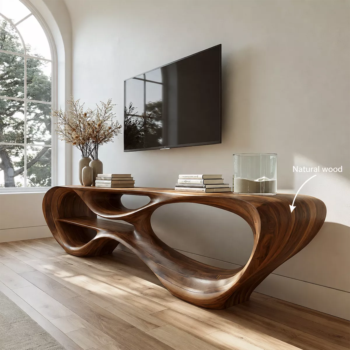 Sculptural Solid Wood TV Stand With Organic Open Frame And Natural Wood Grain For Living Room