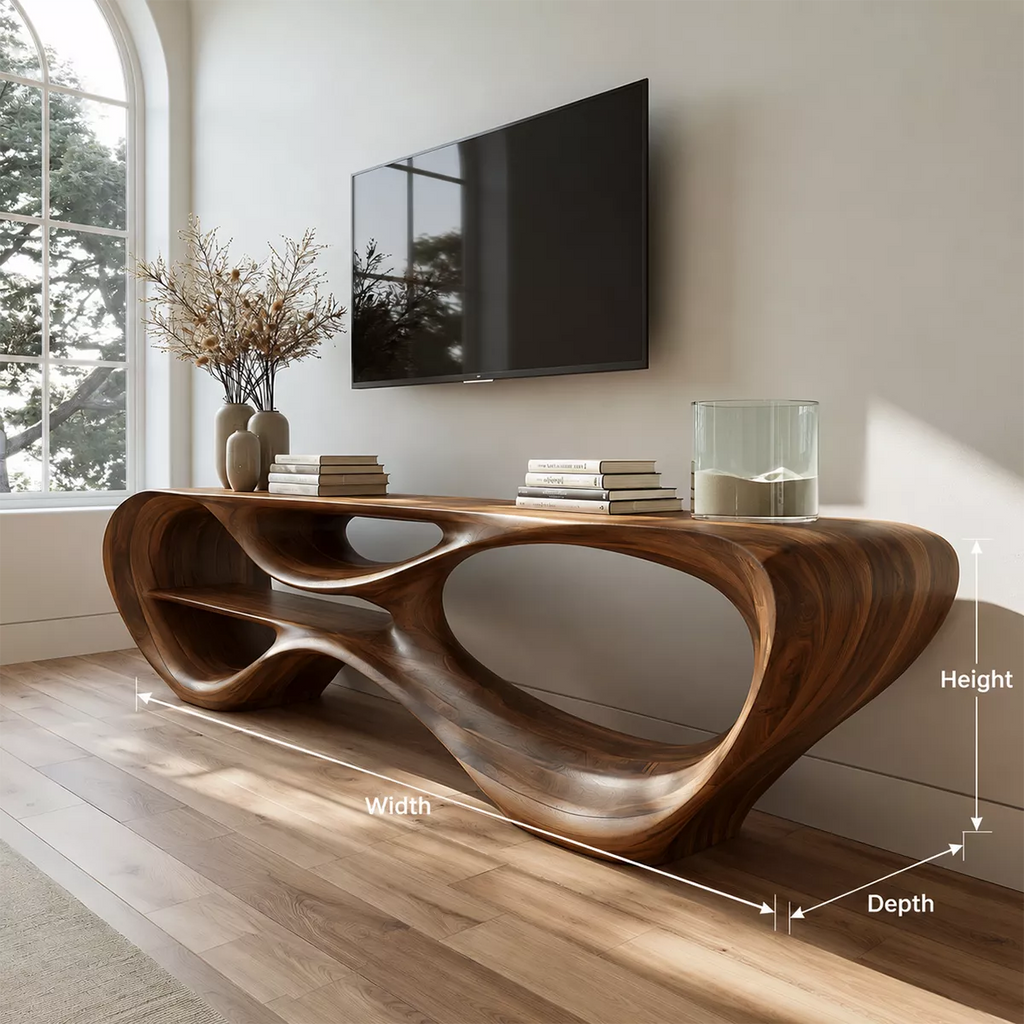 Sculptural Solid Wood TV Stand With Organic Open Frame And Natural Wood Grain For Living Room