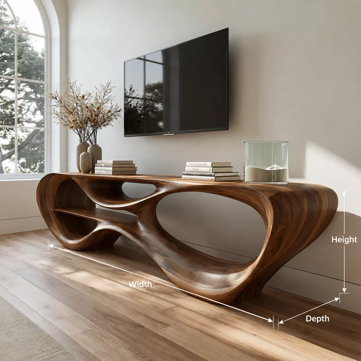 Sculptural Solid Wood TV Stand With Organic Open Frame And Natural Wood Grain For Living Room