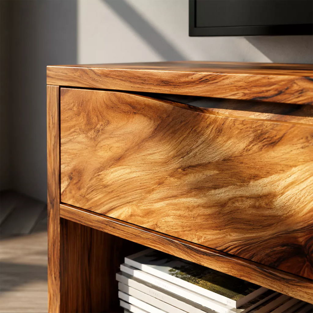 Natural Solid Wood TV Stand With Open Media Shelves And Hidden Drawer Storage For Living Room