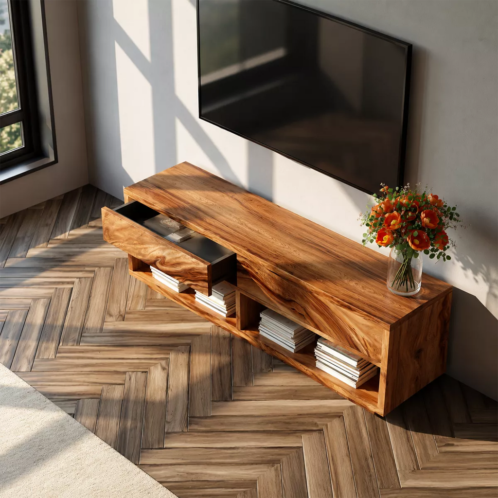 Natural Solid Wood TV Stand With Open Media Shelves And Hidden Drawer Storage For Living Room