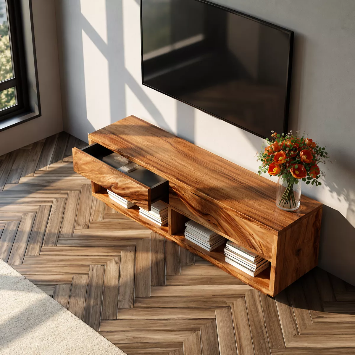 Natural Solid Wood TV Stand With Open Media Shelves And Hidden Drawer Storage For Living Room