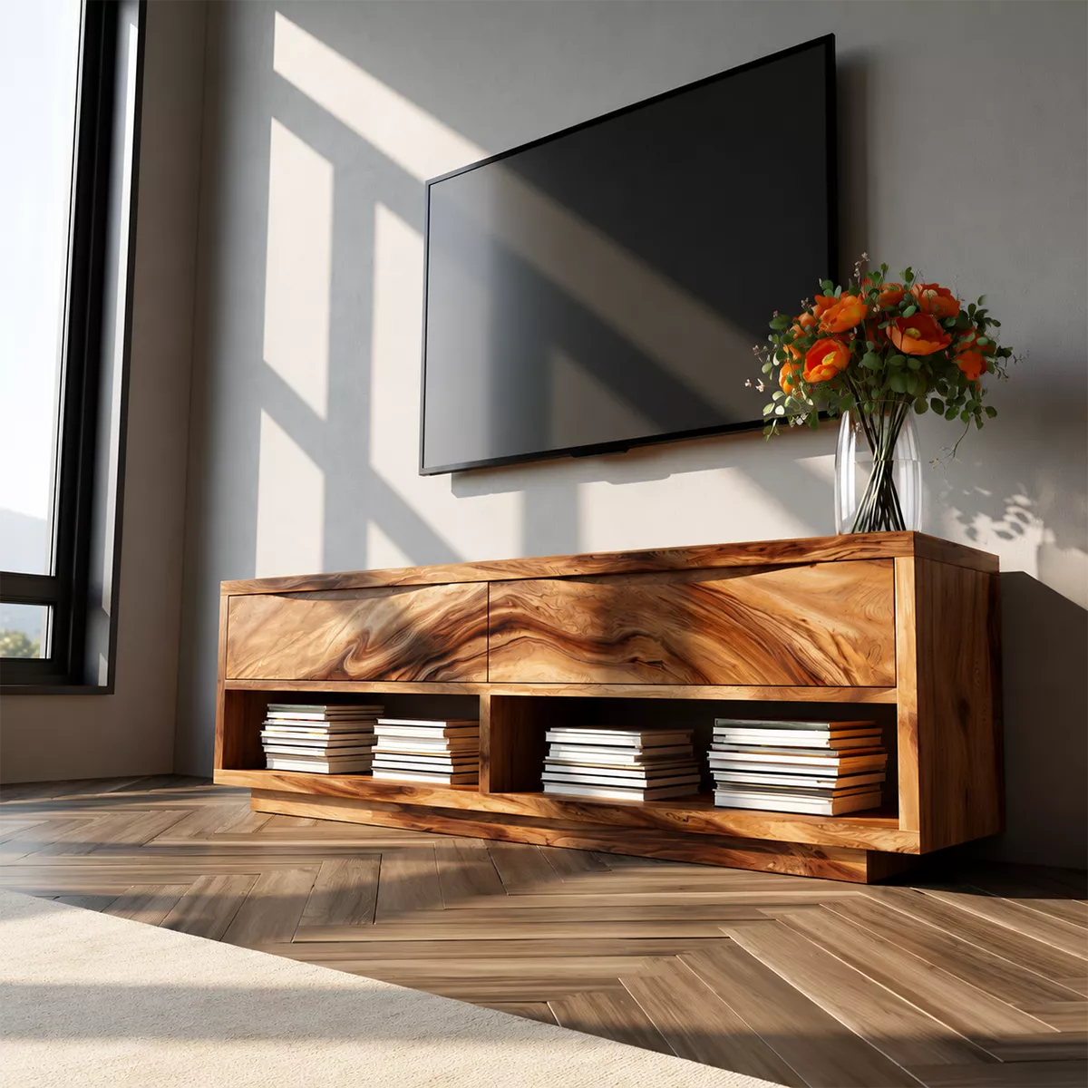 Natural Solid Wood TV Stand With Open Media Shelves And Hidden Drawer Storage For Living Room