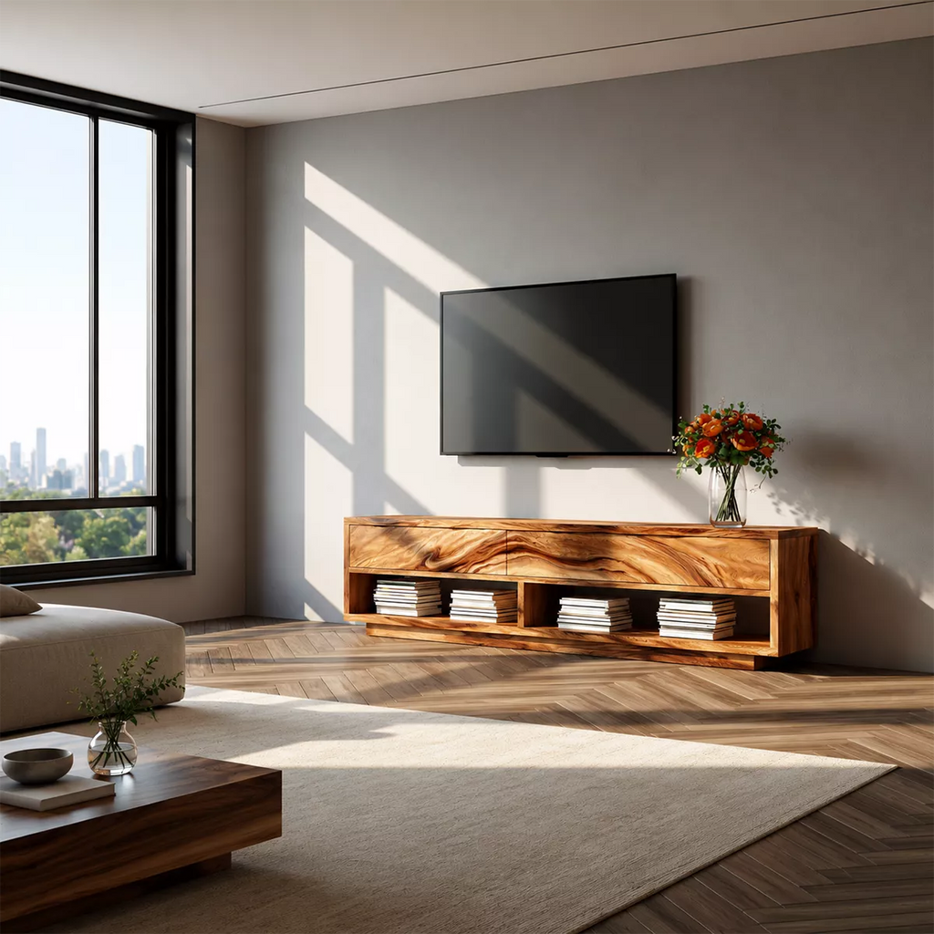 Natural Solid Wood TV Stand With Open Media Shelves And Hidden Drawer Storage For Living Room