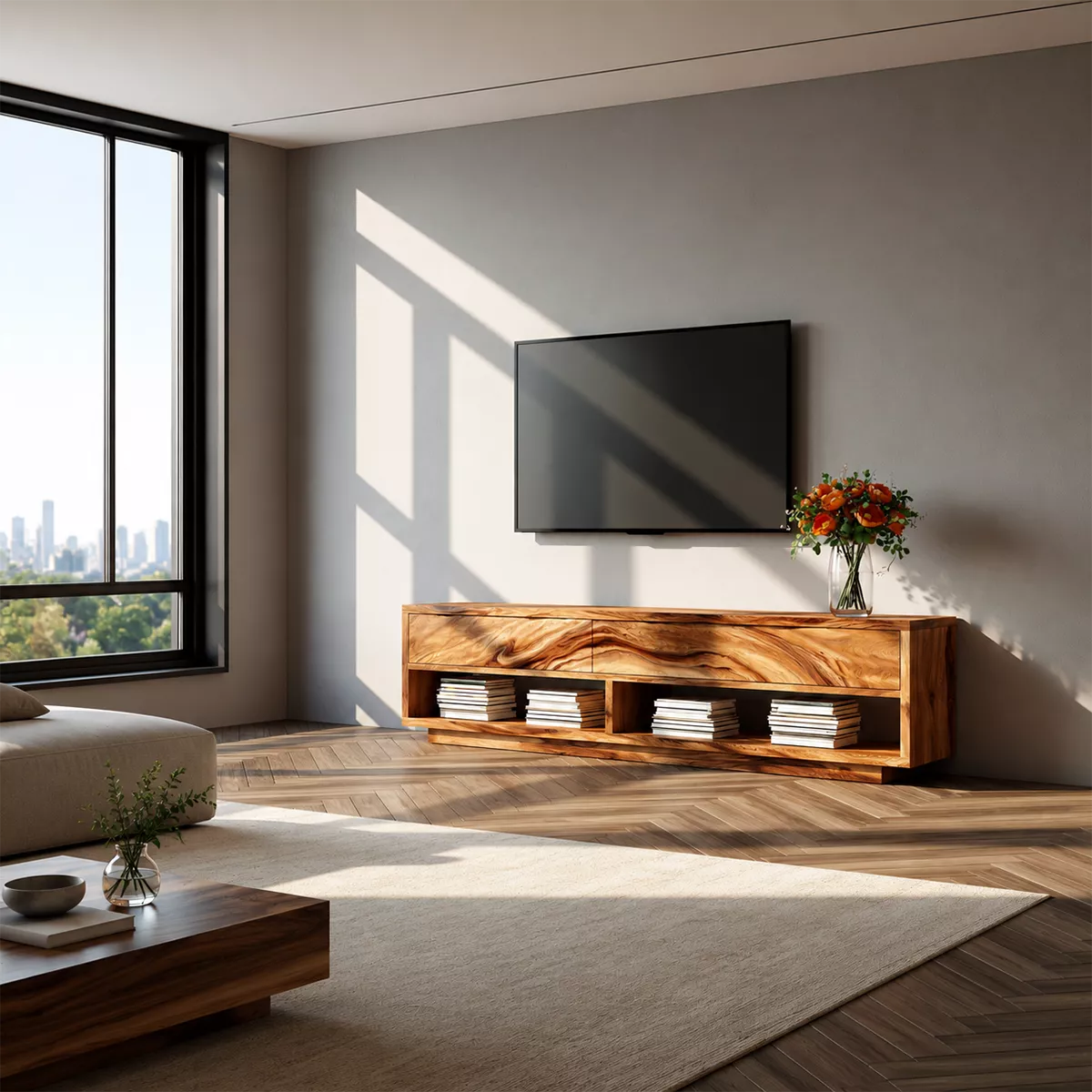 Natural Solid Wood TV Stand With Open Media Shelves And Hidden Drawer Storage For Living Room
