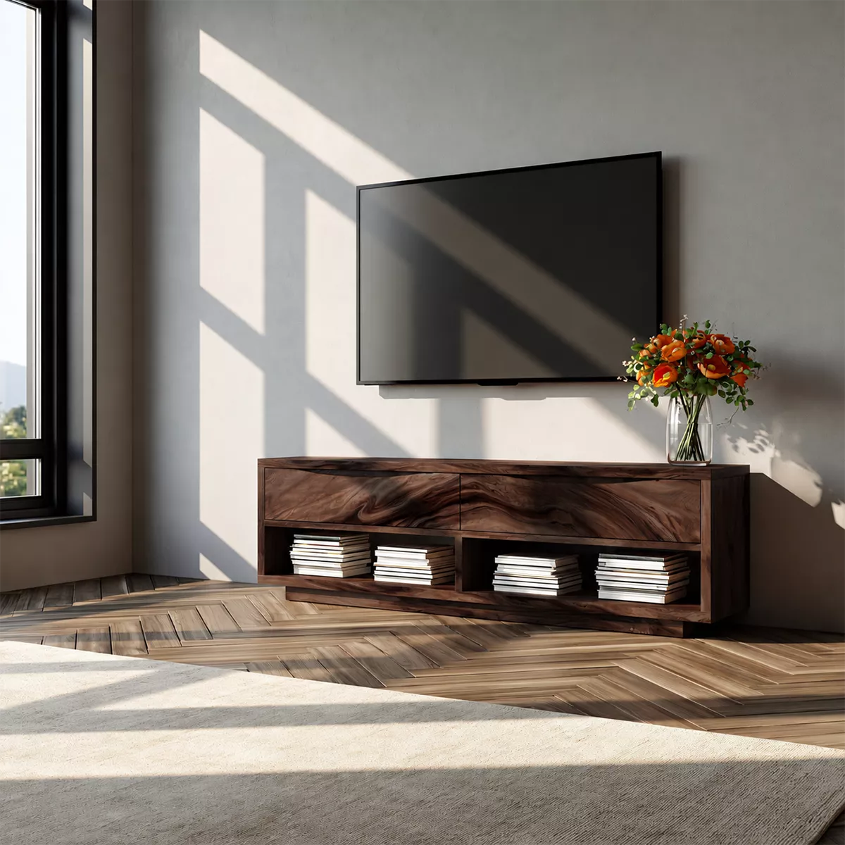 Natural Solid Wood TV Stand With Open Media Shelves And Hidden Drawer Storage For Living Room
