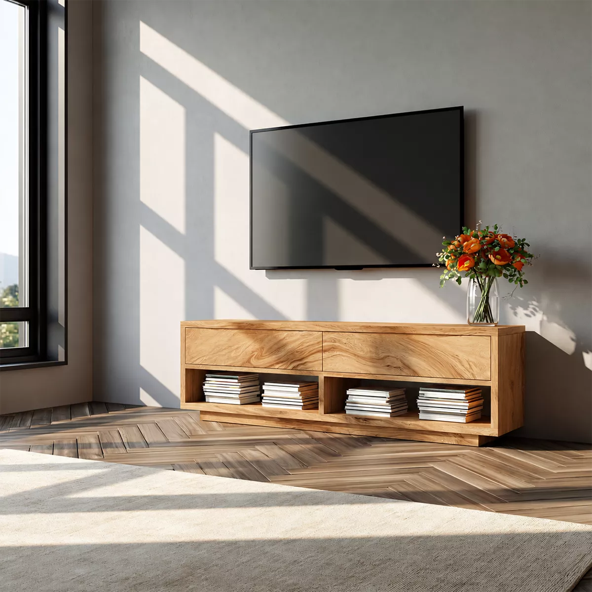 Natural Solid Wood TV Stand With Open Media Shelves And Hidden Drawer Storage For Living Room